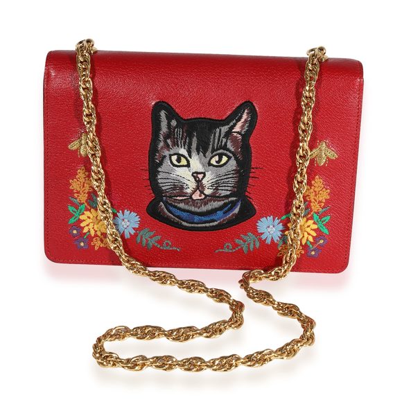 Gucci Red Leather Linea Ricami Floral Embroidered Bag - Picture 3 of 8